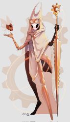  1girl arthropod_girl black_eyes black_skin chinese_commentary cloak cogfly_(hollow_knight) colored_skin commentary_request crest_(hollow_knight) flying full_body gears goggles goggles_on_head highres holding hollow_eyes hollow_knight hollow_knight:_silksong horned_mask hornet_(hollow_knight) horns mask mechanical_arms needle_(hollow_knight) neekody outstretched_hand single_mechanical_arm standing white_cloak white_mask wings 