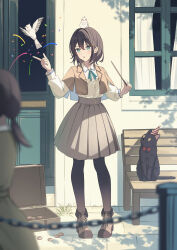  2girls absurdres animal_on_head bench bird bird_on_head black_cat black_pantyhose blurry blurry_foreground brown_hair brown_jacket brown_shoes busking cat coin commentary_request confetti cropped_jacket full_body green_eyes green_ribbon grey_skirt hair_ornament hairclip hand_up highres holding holding_wand jacket long_sleeves looking_to_the_side magic_trick multiple_girls neck_ribbon on_head open_mouth open_suitcase original outdoors pantyhose pleated_skirt ribbon senri_(senri_sen) shirt shoes short_hair skirt solo_focus wand white_bird white_shirt window 