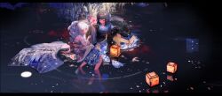  2girls absurdres barefoot black_hair blue_ribbon blush bow closed_mouth commentary_request feet floral_print flower from_above full_body hair_between_eyes hair_bow hair_ornament hair_ribbon half-closed_eyes hand_up haruasana highres japanese_clothes kimono lantern long_hair long_sleeves looking_at_another looking_at_viewer multiple_girls obi one_eye_closed open_mouth original outdoors paper_lantern petals petals_on_liquid red_eyes red_ribbon reflection ribbon sash scenery short_hair sitting smile toes violet_eyes water white_hair wisteria yukata 