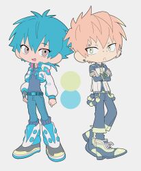  2boys 2nikyuu9 barbell_piercing belt black_pants blonde_hair blue_belt blue_hair blue_pants boots bridge_piercing brown_eyes carabiner cropped_jacket crossed_arms deformed down_jacket dramatical_murder ear_piercing eyebrow_piercing face_piercing full_body hair_between_eyes headphones headphones_around_neck highres industrial_piercing jacket lip_piercing long_sleeves medium_hair multiple_boys noiz_(dramatical_murder) open_clothes open_jacket pants piercing seragaki_aoba short_hair simple_background studded_belt studs two-tone_pants white_background yellow_eyes 