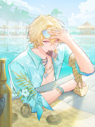  1boy aqua-tinted_eyewear aqua_shirt arm_rest aventurine_(honkai:_star_rail) aventurine_(waveflair)_(honkai:_star_rail) blonde_hair bottle chair coin commentary credit_card day english_commentary hair_between_eyes hand_in_own_hair hand_up highres honkai:_star_rail honkai_(series) jewelry looking_at_viewer lounge_chair male_focus necklace official_alternate_costume open_clothes open_shirt pink_eyes ponytail pool poolside rdrd reflection reflective_liquid shirt short_ponytail solo sunlight tinted_eyewear upper_body water 