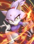  1girl blaze_the_cat cleru_(cleruuuuu) fire furry furry_female gloves highres jacket looking_at_viewer pants purple_jacket solo sonic_(series) white_gloves white_pants 