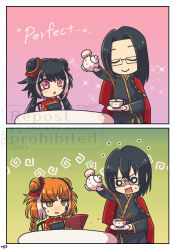  2boys 2girls 793_(oo793oo) black_dress black_hair braid chair closed_eyes closed_mouth coat coat_on_shoulders commentary_request cup double_bun dress hair_bun hair_ornament hair_scrunchie hand_fan hongyuan_(identity)_(project_moon) ishmael_(project_moon) jia_xichun_(project_moon) limbus_company low_twin_braids low_twintails multiple_boys multiple_girls open_mouth orange_hair pink_eyes pouring project_moon red_coat red_shrug scrunchie shrug_(clothing) smile table teacup teapot twin_braids twintails u_u wei_(project_moon) yi_sang_(project_moon) 