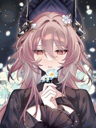  arknights black_dress civilight_eterna_(arknights) demon demon_girl demon_horns dress flower hair_flower hair_ornament highres holding holding_flower horns light_smile long_hair petals pink_eyes pink_hair red_eyes smile tana_(tanabio) theresa_(arknights) very_long_hair white_flower 