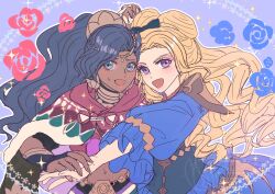  2girls black_hair blonde_hair blue_dress blue_eyes bridal_gauntlets commentary_request double_bun dress earrings eyeshadow fire_emblem fire_emblem:_fortune's_weave hair_bun highres holding_hands jewelry leda_(fire_emblem) long_hair looking_at_viewer makeup midriff multiple_girls olympia_iris open_mouth pink_eyeshadow sweatdrop violet_eyes yukiyana 