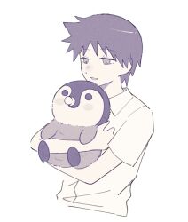  1boy animal baby_animal bird collared_shirt cropped_torso highres holding holding_animal holding_bird kudou_jun looking_at_animal male_focus ono_onono0 pacifier parted_lips penguin penguin_chick sayonara_zetsubou_sensei shirt short_hair short_sleeves simple_background solo white_background 