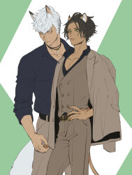  2boys animal_ears black_hair black_shirt brown_jacket brown_vest commentary_request cowboy_shot dark-skinned_male dark_skin green_background green_eyes hand_on_own_hip highres jack_howl jacket jacket_on_shoulders ki_toji leona_kingscholar lion_boy lion_ears lion_tail looking_to_the_side male_focus multiple_boys scar scar_across_eye scar_on_face shirt standing tail twisted_wonderland vest white_hair wolf_boy wolf_ears wolf_tail yellow_eyes 