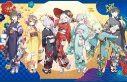 6+girls ahoge bag black_gloves black_kimono blonde_hair blue_archive bow braid brown_hair brown_halo closed_eyes eri_(blue_archive) fingerless_gloves floral_print floral_print_kimono flower furisode fuyu_(blue_archive) gloves green_eyes green_hair green_halo green_kimono grey_hair grey_kimono hair_bow hair_flower hair_ornament hair_over_one_eye hairband halo handbag hat highres japanese_clothes kanoe_(blue_archive) kimono leaning_forward long_hair long_sleeves looking_at_viewer miyo_(blue_archive) multicolored_eyes multicolored_hair multiple_girls obi official_art open_mouth orange_eyes pouch print_kimono purple_kimono red_kimono rena_(blue_archive) ritsu_(blue_archive) sandals sash short_hair streaked_hair tabi tsumugi_(blue_archive) two-tone_eyes violet_eyes white_hair whoisshe wide_sleeves witch_hat yellow_eyes yellow_kimono zouri 