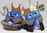  artist_name bird black_robe blue_skin closed_mouth colored_skin crown food food_on_face fur-trimmed_robe highres holding holding_spoon kiman minions_(movie) multiple_views no_humans open_mouth own_hands_together penguin robe sitting spoon super_mario_bros. sweatdrop tearing_up the_super_mario_bros._movie translation_request watermark wavy_mouth 