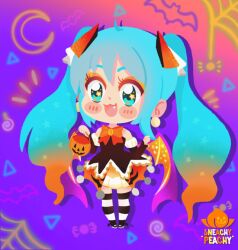  1girl artist_name bat_wings black_dress blush_stickers bow bowtie candy colorful_background crescent_moon dress drop_shadow earrings fake_fangs fake_wings food gradient_background gradient_hair halloween halloween_costume halloween_miku_(suou) hatsune_miku jewelry moon multicolored_hair no_lineart official_alternate_costume orange_bow orange_bowtie pom_pom_(clothes) pom_pom_earrings silk sneachypeachy solo spider_web striped_clothes striped_thighhighs thigh-highs twintails vocaloid wings 