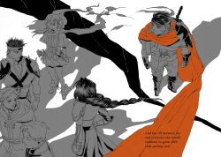  2girls 4boys absurdres alt_text armor boyd_(fire_emblem) commentary crack cracked_floor english_commentary english_text fire_emblem fire_emblem:_radiant_dawn greyscale headband highres ike_(fire_emblem) long_sleeves mist_(fire_emblem) monochrome multiple_boys multiple_girls oscar_(fire_emblem) pauldrons rhys_(fire_emblem) short_hair shoulder_armor single_pauldron spot_color taxkha titania_(fire_emblem) 