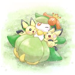  :d ;d black_eyes closed_eyes colored_skin commentary_request full_body grass highres lilligant lying no_mouth noir_(noir_0010) on_back on_ground one_eye_closed open_mouth orange_eyes pichu pokemon pokemon_(creature) pokemon_focus smile tail white_skin yellow_fur 