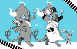  1boy blue_eyes blue_theme bow bowtie candy cat_boy chibikemo coat commentary_request demon_tail flaming_ears food furry gloves goggles goggles_on_head grim_(twisted_wonderland) grin hand_on_own_hip holding holding_candy holding_food holding_lollipop ki_toji lollipop looking_at_viewer male_focus night_raven_college_labwear rubber_gloves sharp_teeth smile tail teeth twisted_wonderland walking 