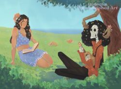  1boy 1girl afro black_hair black_pants blue_skirt blue_sky blush brook_(one_piece) closed_eyes commentary commission extra_arms flower grass guitar hair_flower hair_ornament highres holding holding_guitar holding_instrument imgomis instrument nico_robin one_piece pants sitting skeleton skirt sky smile untranslatable_commentary 