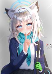  1girl absurdres animal_ear_fluff animal_ears aqua_scarf blue_archive blue_halo blue_scarf blush commentary_request cross cross_hair_ornament doodle_sensei_(blue_archive) extra_ears finger_to_mouth gloves green_gloves grey_background grey_hair hair_ornament halo heart highres inverted_cross jacket looking_at_viewer lucky_73g medium_hair mismatched_pupils scarf sensei_(blue_archive) shiroko_(blue_archive) shirt shushing simple_background solo wolf_ears wolf_girl 