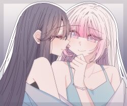  2girls absurdres black_hair blue_camisole border bracelet camisole closed_eyes closed_mouth commentary gradient_hair grey_background grey_border highres hitozuma_kyoushi_ga_oshiego_no_joshikousei_ni_dohamari_suru_hanashi ichigohara_itsuki jewelry kousaka_0v0 long_hair looking_at_another multicolored_hair multiple_girls outline pink_hair smile togawa_rin violet_eyes white_hair white_outline yuri 
