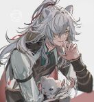  1boy animal_ears chinese_clothes grey_background grey_hair hair_over_one_eye hair_ribbon half_updo honkai:_star_rail honkai_(series) jing_yuan lion_boy lion_cub lion_ears long_hair long_sleeves male_focus one_eye_covered open_mouth red_ribbon ribbon signature smile solo ueauwa yellow_eyes 