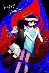  2boys antenna_hair bandage_over_one_eye bandaged_head bandages black_hair black_tank_top black_thighhighs blush closed_eyes colored_skin commentary_request double-parted_bangs drawn_halo drawn_wings hair_between_eyes hakugen0720 halo happy_birthday highres holding_hands hospital_gown interlocked_fingers male_focus multiple_boys omori omori_(omori) open_mouth short_hair short_sleeves shorts smile spoilers striped_clothes striped_shorts sunny_(hospital_gown)_(omori) sunny_(omori) tank_top thigh-highs vertical-striped_clothes vertical-striped_shorts white_shorts white_skin 