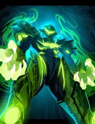  1girl absurdres commentary english_commentary glowing glowing_hands green_assault_visor helmet highres looking_at_viewer looking_down max_kay metroid metroid_ravenous metroid_suit open_hands power_suit_(metroid) samus_aran shoulder_spikes solo spikes standing 