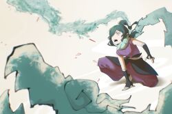  1boy black_gloves blue_hair commentary_request constricted_pupils d_zaka11 fangs fingerless_gloves full_body gloves hair_over_one_eye high_ponytail highres long_hair male_focus on_one_knee orochi_(youkai_watch) pointy_ears ponytail sentient_scarf solo yellow_background yellow_eyes youkai_(youkai_watch) youkai_watch 