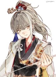  1boy archer_(fate/samurai_remnant) chinese_clothes chinese_hairpin commentary fate/samurai_remnant fate_(series) grey_hair hair_ornament hair_stick hanfu high_ponytail holding long_hair looking_at_viewer male_focus multicolored_hair ponytail simple_background smile solo streaked_hair tassel tassel_hair_ornament upper_body white_background xiao_guan_(headdress) yellow_eyes yoru_(yorusumire) 
