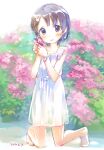  1girl barefoot black_eyes black_hair blush bush dress flower full_body hair_ornament hairclip highres holding holding_flower idolmaster idolmaster_cinderella_girls kawaseki kneeling parted_lips pink_flower rabbit_hair_ornament sasaki_chie short_hair sketch smile solo white_dress 