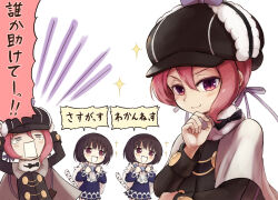  2girls black_bow black_hair blue_dress blue_gem bow cape closed_eyes closed_mouth commentary_request deerstalker detec_bell detective dress fur_cape gem hat kyukyutto_(denryoku_hatsuden) lapis_lazuline magical_girl mahou_shoujo_ikusei_keikaku mahou_shoujo_ikusei_keikaku_restart multiple_girls open_mouth pink_eyes pink_hair red_eyes smile sparkle speech_bubble thinking translation_request white_cape 