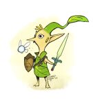  1boy bare_shoulders full_body green_headwear highres holding holding_shield holding_sword holding_weapon link long_hair navi orange_background pikmin_(creature) plant_hair pointy_ears shield snoozincopter solo standing sword the_legend_of_zelda the_legend_of_zelda:_ocarina_of_time triforce_print weapon white_background 