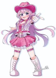  1girl absurdres beamed_eighth_notes boots choker collarbone commentary_request corset cowboy_hat cropped_jacket dress earrings frilled_thigh_strap fugakutkt full_body garter_straps gloves hair_bun hat heart heart_print highres hotaru_(shine_post) jacket jewelry knee_boots layered_skirt long_hair looking_at_viewer mole mole_under_eye musical_note musical_note_print open_clothes open_jacket open_mouth pink_choker pink_dress pink_hat planet_print pointing pointing_at_viewer print_dress print_hat purple_hair signature simple_background single_glove single_side_bun skirt smile solo standing star_(symbol) star_choker star_earrings star_print teeth thigh_strap triangle triangle_print unzipped upper_teeth_only violet_eyes white_background white_boots white_corset white_garter_straps white_gloves white_jacket white_skirt 