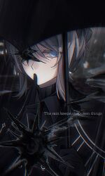  1girl alternate_hairstyle black_gloves black_shirt blue_eyes commentary e.g.o_(project_moon) english_text faust_(project_moon) finger_to_mouth gloves holding holding_umbrella hole_in_chest hole_on_body hollow_(e.g.o) inori_(qiming404) limbus_company missing_eye project_moon rain shirt umbrella untranslatable_commentary upper_body 