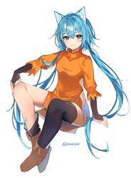  1girl absurdres animal_ear_fluff animal_ears azna blue_hair blush boots brown_footwear full_body hair_between_eyes hand_on_own_knee highres invisible_chair long_hair looking_at_viewer low_twintails original simple_background single_thighhigh sitting solo thigh-highs twintails twitter_username very_long_hair white_background 