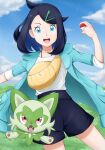  1girl :d aqua_eyes black_hair black_shorts clouds coat commentary_request cowboy_shot cowlick day eyelashes grass green_coat hair_ornament hairclip hand_up higashi_(pixiv_17706769) highres holding holding_poke_ball liko_(pokemon) looking_at_viewer open_clothes open_coat open_mouth outdoors poke_ball poke_ball_(basic) pokemon pokemon_(anime) pokemon_(creature) pokemon_horizons shirt shorts sky smile sprigatito standing teeth tongue upper_teeth_only white_shirt yellow_bag 