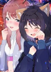  2girls ahoge ayatsumugi_roka ayatsumugi_roka_(tsukuyomi) black_choker black_hair blue_eyes blue_hoodie blue_kimono cho_kaguya-hime! choker closed_eyes commentary_request crop_top grey_jacket highres hood hood_down hoodie jacket japanese_clothes kimono logo lunasa0115 medium_hair midriff multiple_girls navel open_clothes open_jacket open_mouth pink_hair sakayori_iroha sakayori_iroha_(tsukuyomi) 
