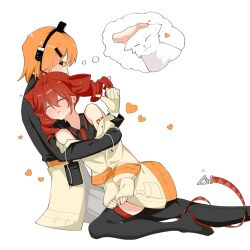 2girls ^_^ a.i._voice adachi_rei black_shirt brown_jacket caress cat closed_eyes closed_mouth grey_skirt hand_in_hair heart heart_(symbol) hug kasane_teto kasane_teto_(utau) open_eyes orange_hair red_hair tabrsilon utau white_background