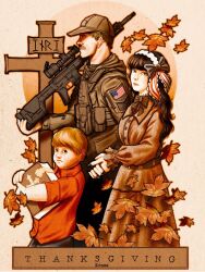  1girl 2boys american_clothes american_flag baseball_cap beard_stubble bible_(object) black_nails black_pants blonde_hair blue_eyes book bow brown_dress brown_jacket child clothing_request cowboy_shot cross dress eschatonicism facial_hair father_and_child father_and_son feet_out_of_frame flag_patch from_side gun hair_bow hat highres holding holding_book holding_gun holding_weapon hood hooded_jacket husband_and_wife jacket leaf leather_belt looking_ahead looking_at_viewer maple_leaf mother_and_child mother_and_son multiple_boys mustache original over_shoulder pants parent_and_child patch profile red_shirt scope shirt soldier stubble thanksgiving weapon weapon_over_shoulder weapon_request 