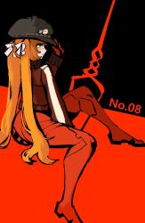  1girl ass black_hat bodysuit bow commentary_request cosplay evangelion:_3.0_you_can_(not)_redo hair_bow han_wol0407 hand_up hat highres ishmael_(project_moon) jacket korean_commentary lance_of_longinus_(evangelion) limbus_company long_hair mecha_pilot_suit neon_genesis_evangelion newsboy_cap orange_hair plugsuit_(evangelion) project_moon rebuild_of_evangelion red_bodysuit red_jacket sitting solo souryuu_asuka_langley souryuu_asuka_langley_(cosplay) twintails very_long_hair white_bow 