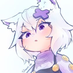  1girl animal_ear_fluff animal_ears artist_name blush cat_ears cat_girl commentary english_commentary eyelashes filian_(vtuber) hair_between_eyes hair_ornament highres indie_virtual_youtuber mint_(vrchat) mower_max open_mouth portrait short_hair simple_background solo violet_eyes virtual_youtuber white_background white_hair x_hair_ornament 