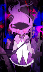  1girl akemi_homura argyle_clothes argyle_pantyhose assault_rifle back_bow black_capelet black_pantyhose black_wings_of_corrosion blood blood_from_eyes bow bow_(weapon) bowtie capelet censored censored_identity collared_capelet commentary cowboy_shot crying dress english_commentary floating_hair frilled_skirt frills frown gun hair_floating_upwards highres light_particles long_hair long_sleeves magical_girl mahou_shoujo_madoka_magica mahou_shoujo_madoka_magica_(anime) meramakes miniskirt no_lineart open_mouth pantyhose pleated_skirt purple_background purple_bow purple_bowtie purple_capelet purple_hair purple_skirt rifle sad shield short_dress skirt skirt_under_dress solo spread_wings standing straight-on two-tone_capelet very_long_hair wavy_hair weapon white_dress 
