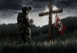  1boy backpack bag balaclava black_mask boots cargo_pants closed_eyes cross eschatonicism evening flag_patch forest gloves grass helmet hood hooded_jacket interlocked_fingers jacket kneeling mask nature nazi non-web_source original own_hands_together pants patch praying signature soldier solo tactical_gloves tall_grass 