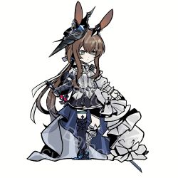  1girl amiya_(arknights) amiya_(guard)_(arknights) amiya_(guard)_(in_a_myriad_of_universes)_(arknights) animal_ears arknights armored_boots asymmetrical_footwear ba_yun_qi black_skirt boots brown_hair chinese_commentary commentary_request dress ear_ornament full_body gauntlets hair_ribbon highres infection_monitor_(arknights) limbus_company low_ponytail mismatched_footwear parody ponytail project_moon rabbit_ears ribbon simple_background skirt solo style_parody white_background white_dress 