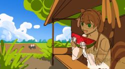  2026 3girls airani_iofifteen airani_iofifteen_(1st_costume) animal_ears artist_name ayunda_risu ayunda_risu_(1st_costume) background_request blonde_hair blue_sky blush brown_hair clouds coffee colored_inner_hair dated english_commentary fiyaa_(pakkoshii) food fruit glass green_eyes highres holding holding_food hololive hololive_indonesia long_hair lower_teeth_only moona_hoshinova moona_hoshinova_(1st_costume) multicolored_hair multiple_girls no_jacket open_mouth pink_hair purple_hair rice_paddy sky sleeveless solo_focus squirrel_ears squirrel_tail tail teeth twitter_username unfinished upper_body virtual_youtuber watermelon watermelon_slice 