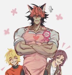  1girl 2boys a-cing_(zenless_zone_zero) a-yuet_(zenless_zone_zero) animal_ears apron broad_shoulders colored_bangs commentary dog_boy dog_ears gli767 grin highres komano_manato multiple_boys muscular muscular_male pink_apron smile standing zenless_zone_zero 