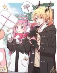  1boy 1girl alternate_hair_length_(longer) bagel_land black_coat black_gloves clenched_hands close_game/offline_(project_sekai) closed_mouth coat commentary curtained_hair dragon_horns earmuffs food_in_mouth gloves gradient_hair halo hands_up highres holding horns kigurumi layered_clothes long_sleeves looking_at_another mechanical_halo mittens multicolored_hair official_alternate_hairstyle ootori_emu open_clothes open_coat open_mouth orange_eyes orange_hair outline pink_eyes pink_hair pink_halo pink_scarf pocket ponytail project_sekai scarf shinshun!_shishimai_robo_no_oshougatsu_show!_(project_sekai) sparkle tenma_tsukasa two-tone_hair white_outline yellow_eyes 