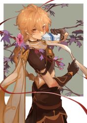  1boy aether_(genshin_impact) ahoge arm_armor black_gloves blonde_hair border box braid branch brown_pants brown_shirt chinese_commentary commentary_request dated dated_commentary flower genshin_impact gift gift_box gloves green_background hair_between_eyes hands_up holding holding_box kizuku_vii leaf long_hair looking_at_viewer male_focus orange_eyes outside_border pants parted_lips pink_flower scarf shirt short_sleeves smile solo standing thread traditional_chinese_commentary variant_set white_border white_day white_scarf 
