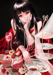  1girl absurdres black_background black_eyes black_hair blue_gem blunt_bangs cake cake_stand closed_mouth commentary_request cup dress drinking_glass fingernails food fork fruit gem head_rest highres holding holding_fork jewelry lips long_hair looking_at_viewer loose_hair_strand manchede necklace original pearl_necklace pendant_earrings pink_ribbon plate red_dress ribbon saucer simple_background solo strapless strapless_dress strawberry teacup tray 