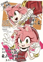  1girl amy_rose black_gloves commentary_request earrings furry furry_female gloves gomadango0033 green_eyes hammer heart heart_earrings highres holding holding_hammer jewelry looking_at_viewer open_mouth single_earring smile sonic_(series) sonic_and_the_blade_of_courage tears toy_hammer translation_request 