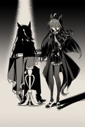 2girls absurdres ahoge animal_ears black_coat black_gloves black_hair black_pantyhose black_shirt black_skirt coat collared_shirt commentary cup ear_tag earrings gloves hair_between_eyes highres horse_ears horse_girl horse_tail jewelry long_bangs long_hair long_hair_between_eyes long_sleeves manhattan_cafe_(creeping_shadow)_(umamusume) manhattan_cafe_(umamusume) multicolored_hair multiple_girls necktie nemissa1 pantyhose shirt shoes single_earring skirt sunday_silence_(racehorse) table tail umamusume white_hair yellow_eyes 