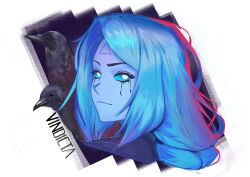  1girl absurdres bird blue_hair blue_sclera blue_skin character_name closed_mouth colored_sclera colored_skin commentary cropped_head crow deadlock_(game) donalvantes english_commentary facial_mark forehead_mark ghost_girl highres light_smile long_hair looking_at_viewer makeup mascara no_pupils runny_makeup simple_background solo triangle triangle_facial_mark vindicta_(deadlock) white_background white_eyes 