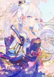  1girl absurdres arm_guards armor armored_skirt back_ribbon black_armor black_gloves black_headdress blue_dress blue_hair blue_ribbon blunt_bangs blunt_tresses bow branch breastplate building cherry_blossoms commentary_request dou dress flower flower_knot folding_fan genshin_impact gloves gold_trim hair_ribbon hand_fan headdress high_ponytail highres holding holding_fan japanese_armor kamisato_ayaka kamisato_clan_(emblem) long_hair neck_tassel outdoors pink_bow pink_flower pink_ribbon ponytail ribbon solo tassel tassel_choker tress_ribbon very_long_hair ylyxy 