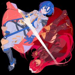  1boy 1girl black_background blue_eyes blue_hair commentary commentary_request crossed_bangs female_alear_(fell_child)_(fire_emblem) female_alear_(fire_emblem) fire_emblem fire_emblem_engage hair_between_eyes highres indigosaga22a long_hair official_alternate_color official_alternate_costume official_alternate_eye_color official_alternate_hair_color red_eyes red_hair simple_background very_long_hair 
